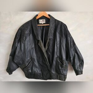 Vtg Black Leather Snakeprint Accent Biker Moto Bomber Crop Jacket Sz 14/16